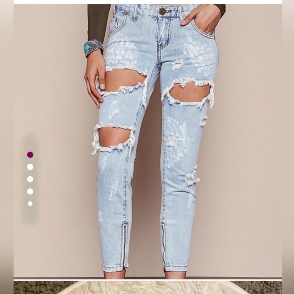One Teaspoon Blue Skinny Low Rise Distressed Trashed Freebirds Jeans 25
